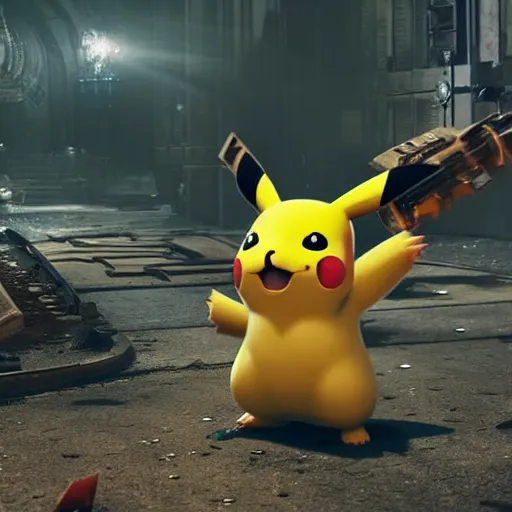 Image similar to Pikachu in Gears of War, splash art, movie still, cinematic lighting, dramatic, octane render, long lens, shallow depth of field, bokeh, anamorphic lens flare, 8k, hyper detailed, 35mm film grain