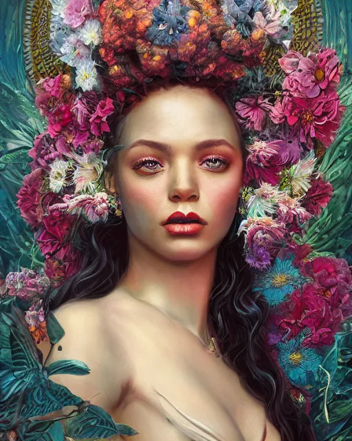 Image similar to portrait of the africo - american queen of the underworld, surrounded by flowers by karol bak, james jean, tom bagshaw, rococo, sharp focus, trending on artstation, cinematic lighting, hyper realism, octane render, 8 k, hyper detailed.