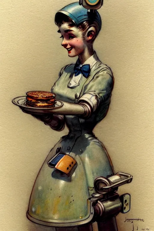 Image similar to (((((1950s robot waitress. muted colors.))))) by Jean-Baptiste Monge !!!!!!!!!!!!!!!!!!!!!!!!!!!