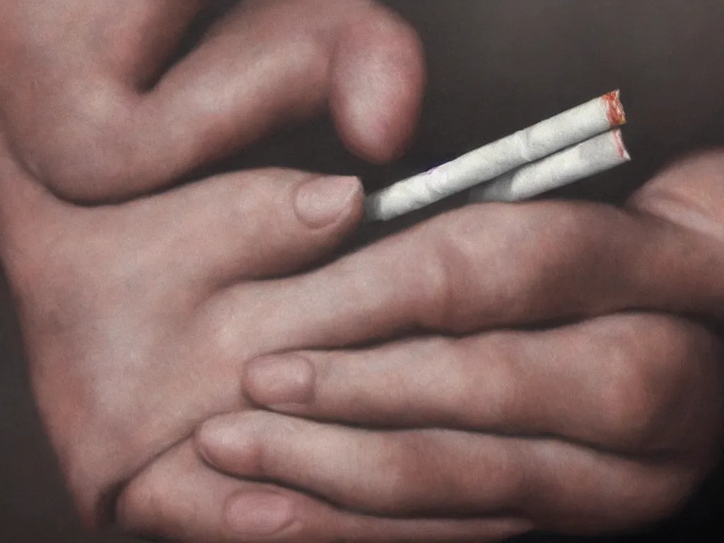 Image similar to Close-up view of hyperrealistic thin soft hand holding cigarette with smoke, by George Marks, hyper realism, 4K