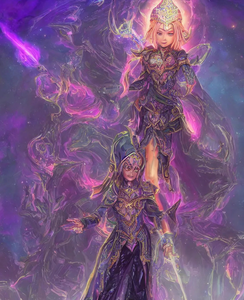 Prompt: concept art of dark magician girl, intricate details, colourful, atmospheric light, omnious cosmic city on the background, dark fantasy, full body, ultra realistic details, detailed face, artstation, only one character, symmetrical, by małgorzata kmiec