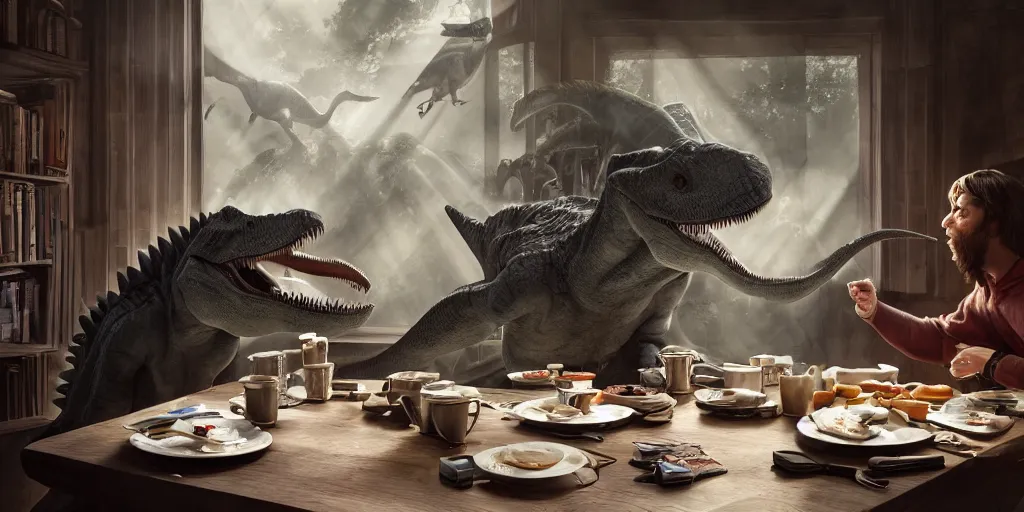 Prompt: an english man and a dinosaur having breakfast in the morning, light coming through window, hitting on the table, they sat on a chair, in the style of harry potter, volumetric lighting, cinematic composition, 8K wallpaper, hypermaximalist, hyper realistic, super detailed, octane,illustration, art by Krenz Cushart, fantasy, intricate, elegant, highly detailed, digital painting, artstation, concept art, smooth, sharp focus, illustration