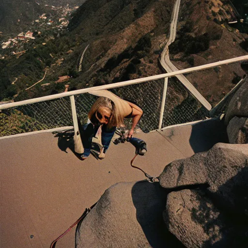 Prompt: photo monkey climbing hollywood sign, cinestill, 800t, 35mm, full-HD