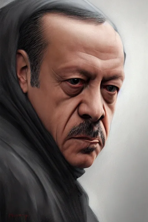 Image similar to Recep Tayyip Erdogan as Grim Reaper in a hood, portrait, highly detailed, digital painting, artstation, concept art, smooth, sharp focus, illustration, cinematic lighting, art by artgerm and greg rutkowski and alphonse mucha