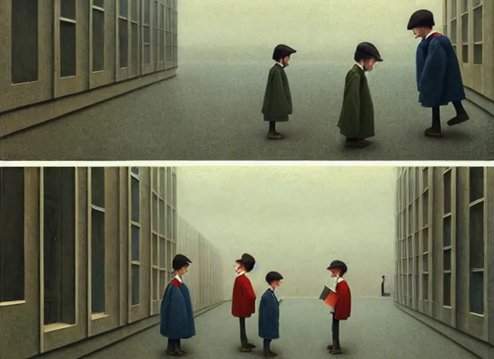 Image similar to a very boring day in school, kids faced away, all wearing identical clothes and reading newspapers, painting by quint buchholz and ray caesar, muted colors, gray, dull, boring, low energy, pale blue faces, very detailed, very coherent