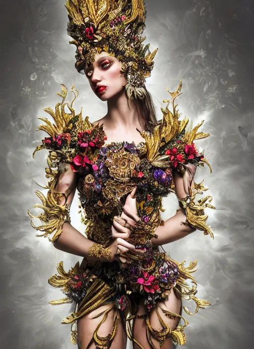 Image similar to expressive full body photo of a female model, ornate headpiece made from flowers, ornaments, glamour shot, by karol bak, by stefan gesell, photorealistic, canon r 3, fashion photography, hyper maximalist, elegant, ornate, luxury, elite, environmental portrait, symmetrical features, octane render, unreal engine, dark grey background, dramatic lights