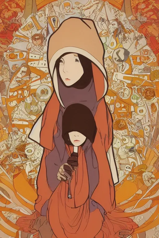 Image similar to a Girl in a large hood crouching on the ground ,orange slices,album,Microphone,Visual Communication Design by studio ghibli and mucha ,Refreshing colour