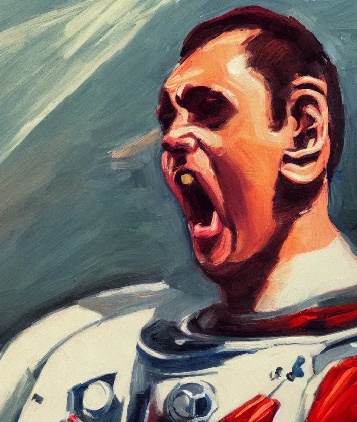 Image similar to a close up portrait painting of a man in an astronaut suit, screaming and sad, highly detailed, close up, aesthetic stars in the background, in the style of edward hopper, fine brush strokes, 4 k,