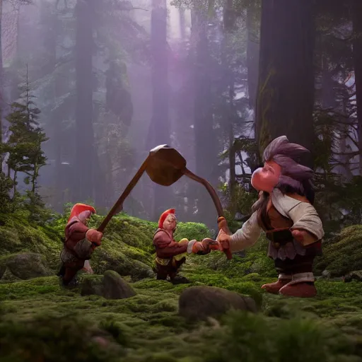 Image similar to a fantasy halfling gnome buffing his halfling allies in a redwood forest, unreal engine, octane render, realistic, matte painting, masterpiece, studio ghibli, beautiful, magical,