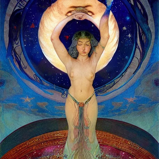 Prompt: queen of the moon with stars in her hair, by annie swynnerton and donato giancola and diego rivera and nicholas roerich and jean delville and charlie bowater and dulac, dramatic lighting, god rays, geometric tattoos, rich colors, smooth sharp focus, extremely detailed, leo and diane dillon, adolf wolfli