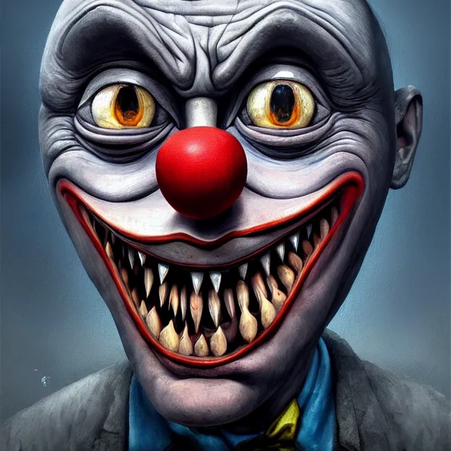 Image similar to gediminas pranckevicius | close up portrait of a evil clown with sharp teeth in the sinister valley of despair, one mouth, one nose, two eyes, oil painting by tomasz jedruszek, cinematic lighting, pen and ink, intricate line, hd, 4 k, million of likes, trending on artstation