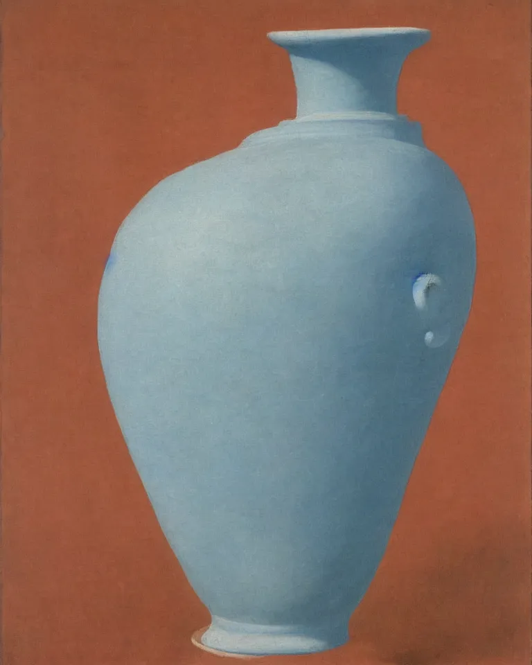 Prompt: achingly beautiful print of solitary painted ancient greek amphora on baby blue background by rene magritte, monet, and turner. sculpted, flat.