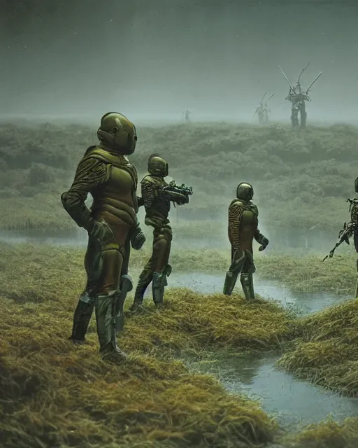 Prompt: group of sardaukar soldiers in a chlorine swamp, green hour, retrofuturism sci - fi old movie, highly detailed, photorealistic, 8 k, by beksinski and stalenhag