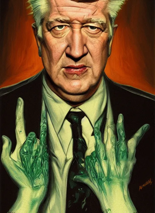 Image similar to portrait of david lynch in re - animator ( 1 9 8 5 ), highly detailed, centered, solid color background, digital painting, artstation, concept art, smooth, sharp focus, illustration, donato giancola, joseph christian leyendecker, les edwards, ed repka, wlop
