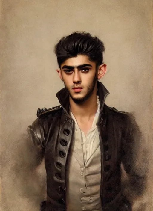 Prompt: head and shoulders portrait painting of young man who looks like zayn malik as an elf by jeremy mann, wearing leather napoleonic military style jacket, only one head single portrait, pointy ears, dark background, soft top lighting