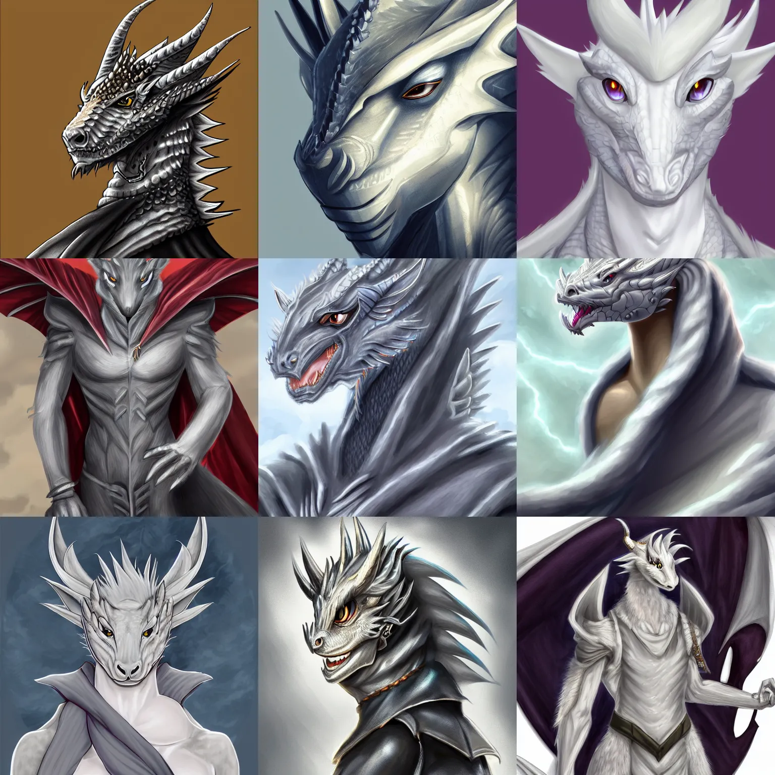 Prompt: very very beautiful half body portrait of a handsome young anthropomorphic silver dragon, soft draconic features, male, wearing a luxurious silk cloak, commission on furaffinity, artstation, high quality digital art