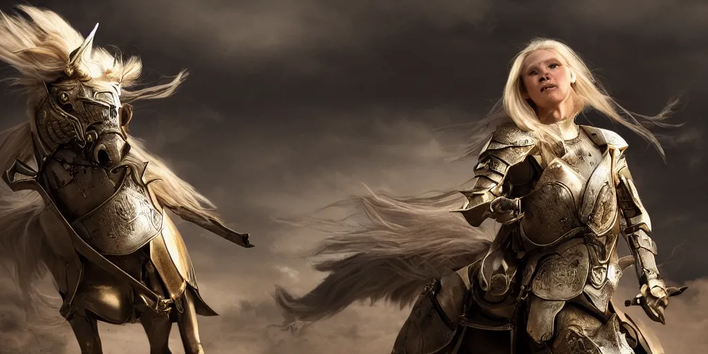 Prompt: a beautiful blond woman riding an armored griphon into battle, 8 k, moody lighting, shallow depth of field,