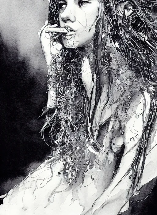 Image similar to portrait, beautiful Stoner hippy girl, sitting down, smoking a magical bong, watercolor, dramatic lighting, cinematic, establishing shot, extremely high detail, foto realistic, cinematic lighting, pen and ink, intricate line drawings, by Yoshitaka Amano, Ruan Jia, Kentaro Miura, Artgerm, post processed, concept art, artstation, matte painting, style by eddie mendoza, raphael lacoste, alex ross