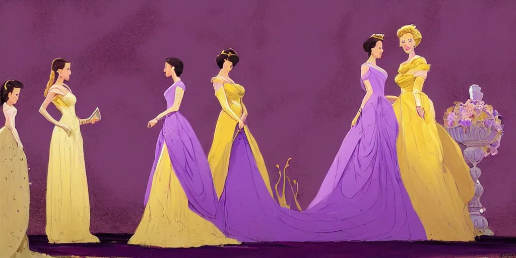 Image similar to portrait of princess sophia is dressed in purple, and the other girl is dressed in yellow. they are all beautiful, elegant and detailed. there are beautiful vases beside them, by greg rutkowski, by greg tocchini, by james gilleard, by joe gb fenton, by in kaethe butche