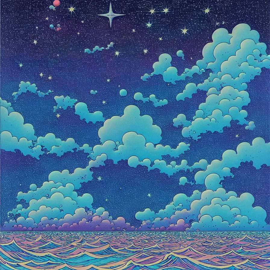 Image similar to ( ( ( ( shinning starry sky and sea ) ) ) ) by mœbius!!!!!!!!!!!!!!!!!!!!!!!!!!!, overdetailed art, colorful, artistic record jacket design