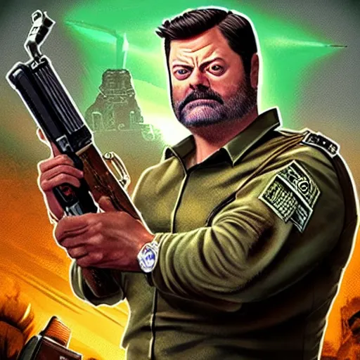 Prompt: “Nick Offerman (with accurate face) as soldier in the DOOM game, photorealistic 8k, original doom cover style”