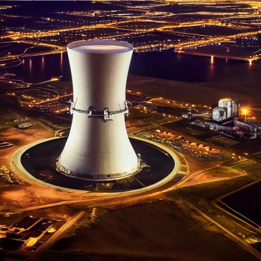 Image similar to photo of an upsidedown nuclear power plant at night birds eye view inception cinematic