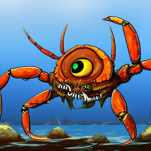 Image similar to a detailed illustration of a crab monster, art station, Flickr, concept art