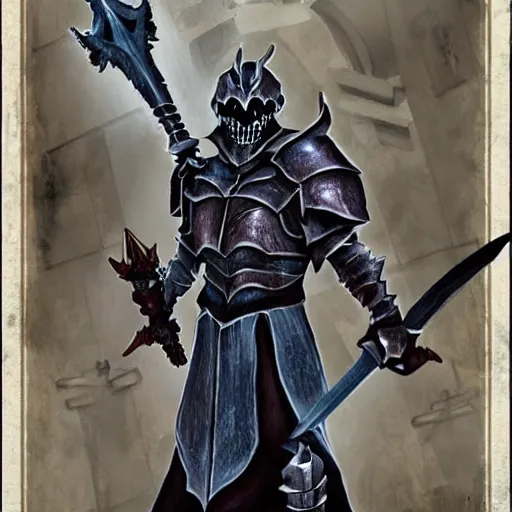 Image similar to Powerful knight, with demonic sword, standing in front of skeleton army, style from Skyrim