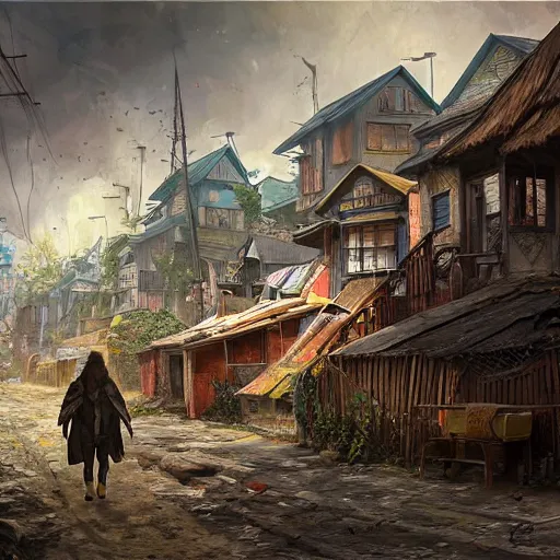 Prompt: artgerm, ilya yefimovich repin style as slum neighborhood in lord of the ring world, fantasy, photorealistic content, hyperrealistic content, high definition content, intricate, delete duplicate content, justify content center, left align, right align, ultra detailed content, ultra realistic face structure, rgb color