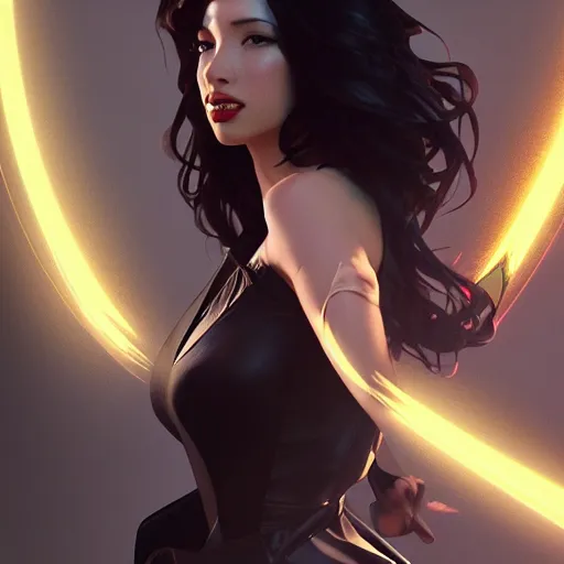 Image similar to christian serratos as zatanna by leonardo divinci, greg rutkowski, alphonse mucha, mystical cosmic lighting, octane render, artstation, rey tracing, golden ratio, rule of thirds, perfect composition