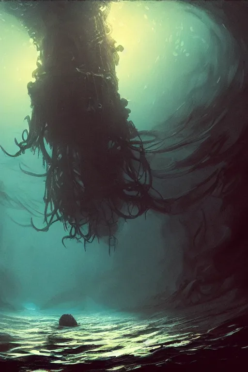 Prompt: the bottom of the ocean, lovecraftian, hell, underworld, watery grave, digital art, in the style of greg rutkowski, trending on artstation