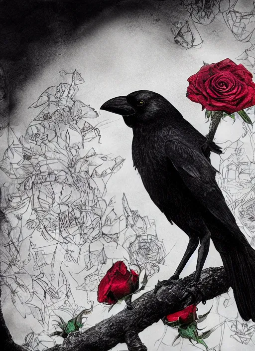 Image similar to portrait, A crow with red eyes in front of the full big moon, book cover, red roses, red white black colors, establishing shot, extremly high detail, foto realistic, cinematic lighting, pen and ink, intricate line drawings, by Yoshitaka Amano, Ruan Jia, Kentaro Miura, Artgerm, post processed, concept art, artstation, matte painting, style by eddie mendoza, raphael lacoste, alex ross