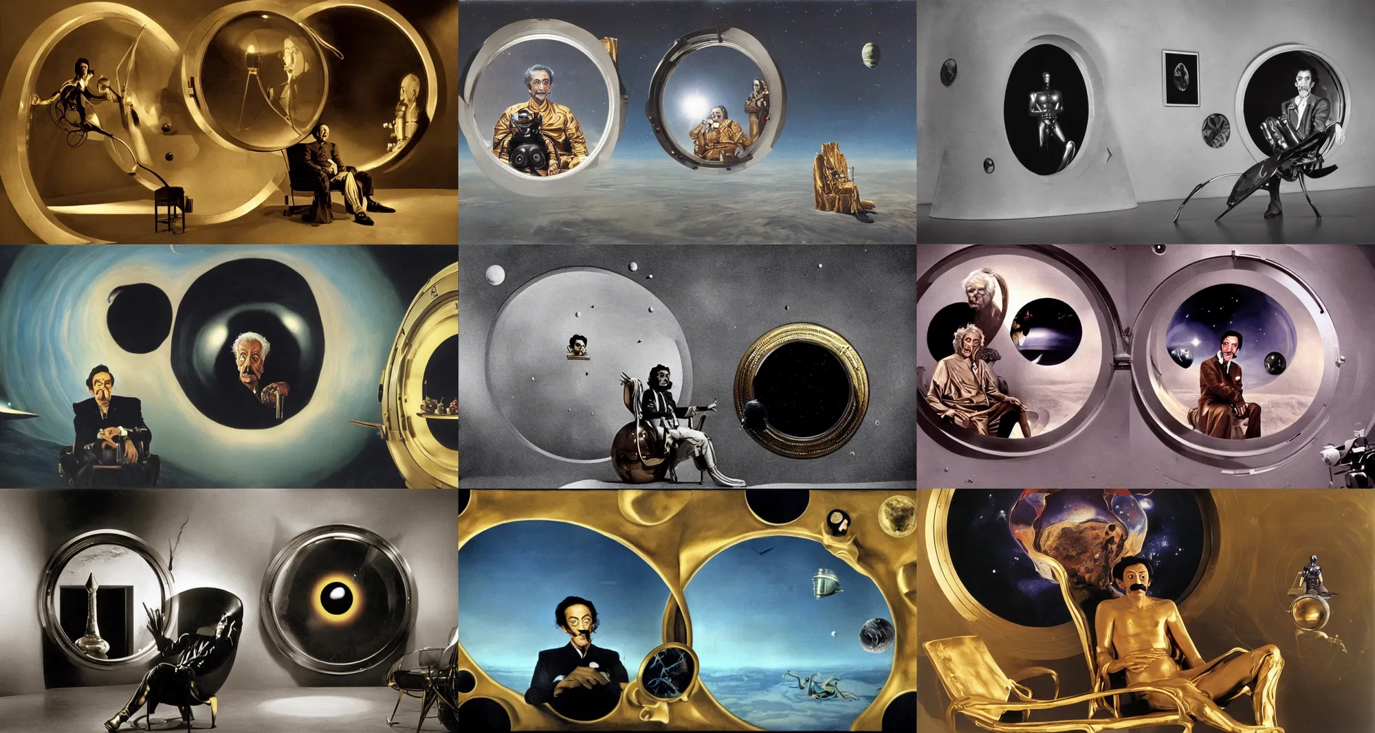 Prompt: background : a huge porthole in which space, planet arrakis, spaceships are visible | foreground : salvador dali with crazy eyes and long mustache, sitting on gold chair in dark room | from the movie by alejandro jodorowsky with cinematogrophy of christopher doyle and art direction by hans giger, anamorphic lens, kodakchrome, 8 k