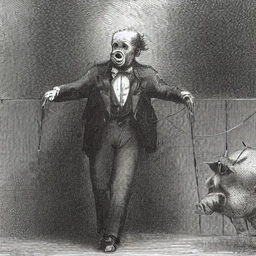 Image similar to a pig walking on two legs, creepy atmosphere, dressed in a tuxedo, dark, close-up, realistic, very realistic, illustration by Gustave Doré