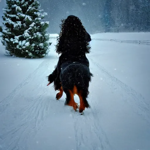 Image similar to girl riding giant Bernese Mountain Dog in the snow, trending on artstation