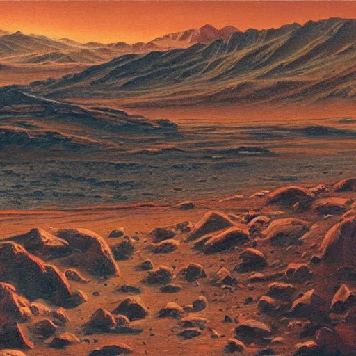 Image similar to oil painting, view from the surface of mars of mount olympus