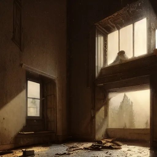 Prompt: the interior of an old abandoned house, an oak tree grows inside, golden rays of sunlight enter through the window, digital art, trending on artstation, matte painting, concept art, drawn by greg rutkowski, inspired by johannes vermeer, warm colors