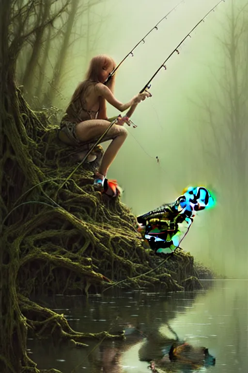 Image similar to frog fishing with a fishing pole by the water by anna podedworna, ayami kojima, greg rutkowski, giger, maxim verehin