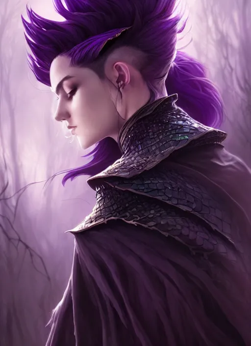 Prompt: side portrait dark witch, adventurer outfit large cloak, fantasy forest landscape, dragon scales, fantasy magic, undercut hairstyle, short purple black fade hair, dark light night, intricate, elegant, sharp focus, illustration, highly detailed, digital painting, concept art, matte, art by WLOP and Artgerm and Greg Rutkowski and Alphonse Mucha, masterpiece