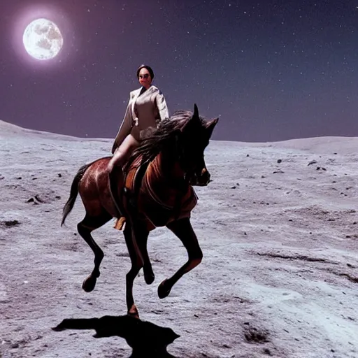 Image similar to real vintage photo, agent smith from the matrix riding a horse on moon, detailed, hyper realistic, 4 k octan render, unreal 5