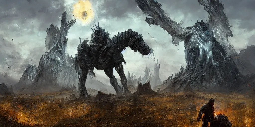 Prompt: 88grzes a single horseman in front of a hole in ruined broken steel titan colossus laying on his knees field road to star gateway wheel, corps scattered on the ground, black volcano afar, fine art, artstation, matte painting, masterpiece by vasnetsov