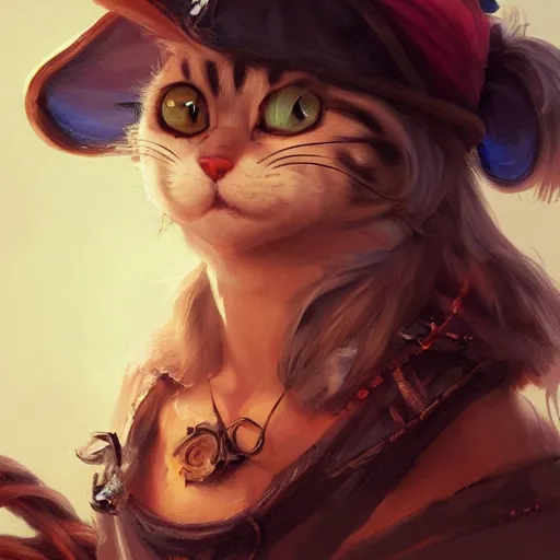 Image similar to Portrait of a Kawaii Cat dressed as a Pirate, digital painting, highly detailed, artstation, concept art, smooth, sharp focus, illustration, art by artgerm and greg rutkowski.