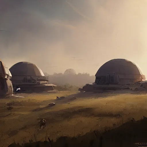 Image similar to star wars concept art by greg rutkowski, brutalist looking domes in the middle of a savannah landscape, cinematic sunset lighting, dramatic atmosphere.