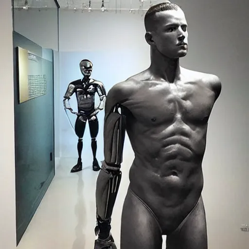 Image similar to “ a realistic detailed photo of a guy who is an attractive humanoid who is half robot and half humanoid, who is a male android, football player christian mccaffrey, shiny skin, posing like a statue, blank stare, at the museum, on display ”