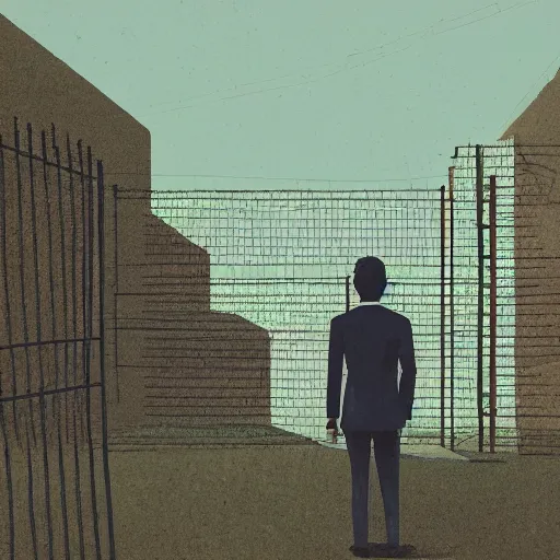 Image similar to a matte painting of a a man standing in front of a wire fence by emiliano ponzi, james gilleard, george ault, david hockney, minimalist, bauhaus, retrofuturism, postminimalism, concept art, matte background, matte drawing, magical realism