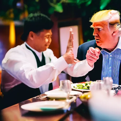 Image similar to Trump and Biden having dinner at a fancy Balinese restaurant, award winning photography, sigma 85mm Lens F/1.4, blurred background, perfect faces