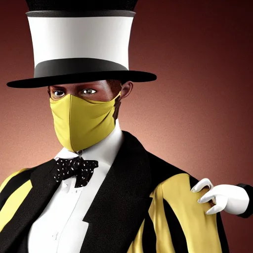 Image similar to a highly detailed portrait of a man in a high top hat covering his face, in a black tailcoat with a yellow waistcoat under the tailcoat, artstation, deviantart, professional, unreal engine 5, photorealistic