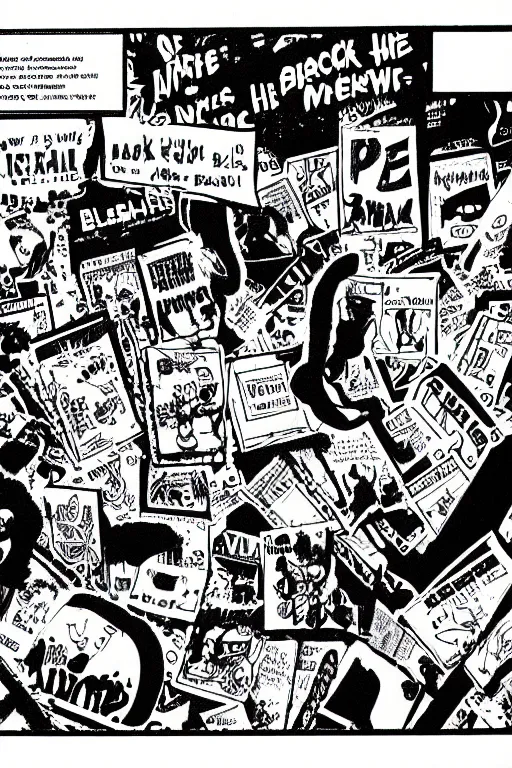 Prompt: scan of of an underground zine, 1 9 8 0 s, black and white, diy, comic art, underground, punk, typography, composition