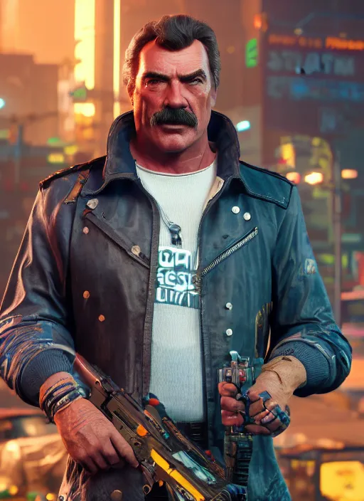 Image similar to film still of tom selleck as johnny silverhand in cyberpunk 2 0 7 7, gameplay, 8 k, hd