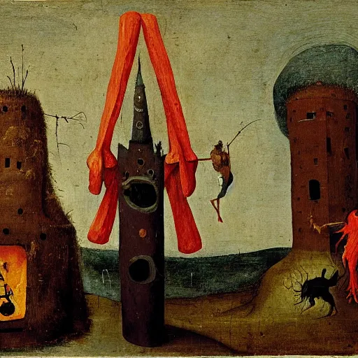 Image similar to Painting of man with his hands bound, his head covered in a rough sack made of jute, wearing a 3-piece suit, hanging upside down from a tower, while fiery imps dance and cavort below him, by Hieronymus Bosch.